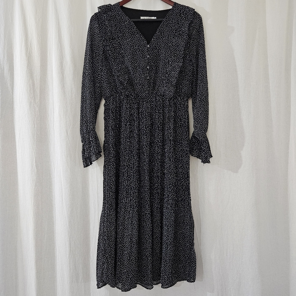 Elenza Long Sleeve V-Neck Button Front Midi Dress in Black & White Polka Dot